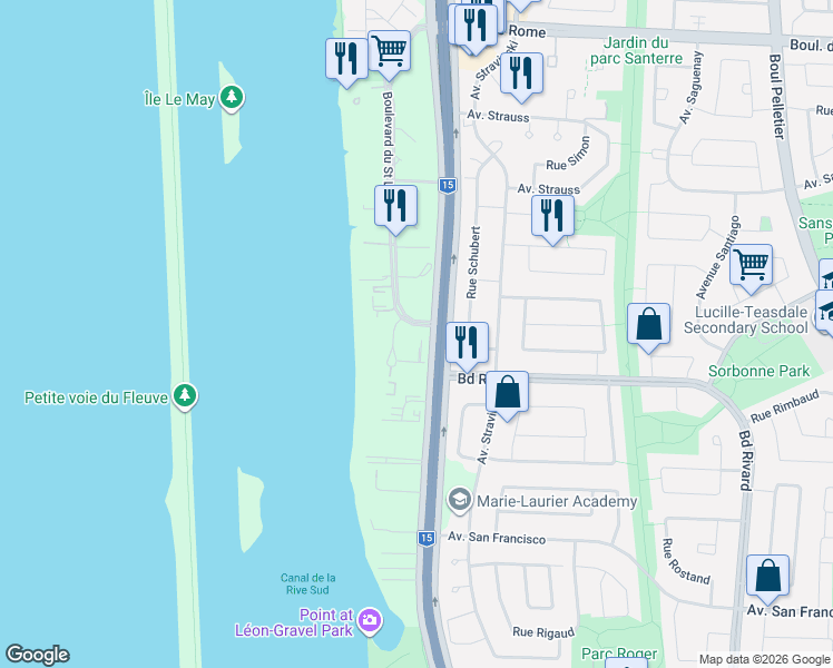 map of restaurants, bars, coffee shops, grocery stores, and more near 8405 Rue Saint Charles in Brossard