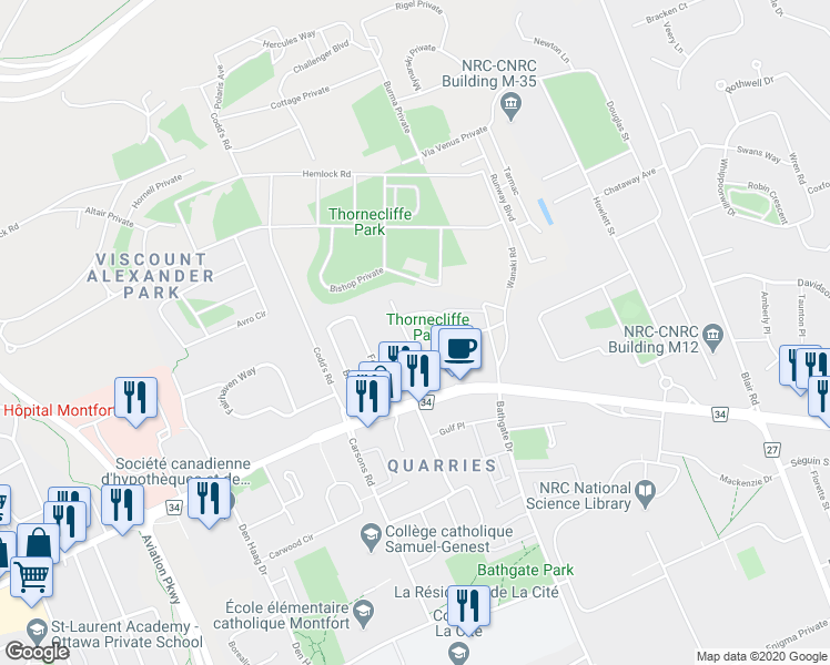 map of restaurants, bars, coffee shops, grocery stores, and more near 115 Provender Avenue in Ottawa