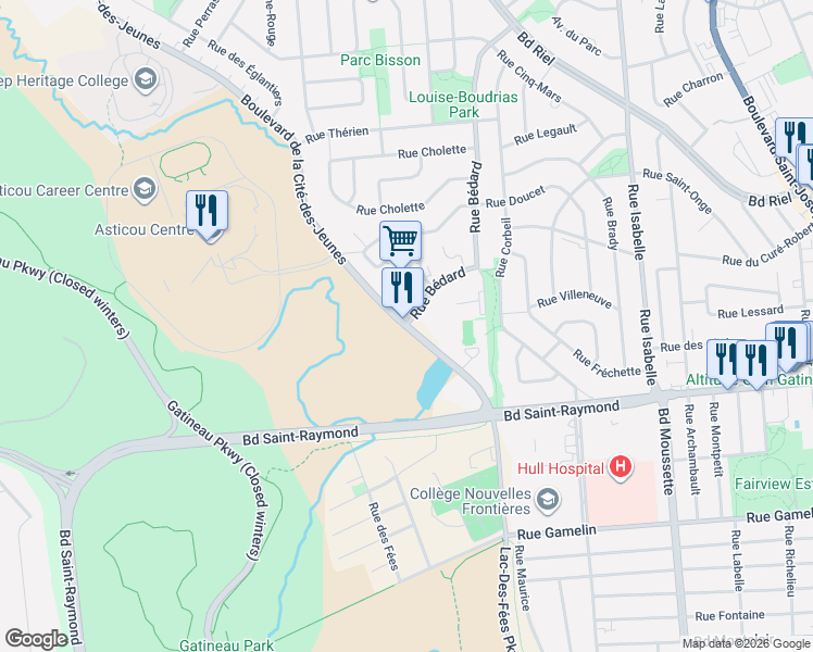 map of restaurants, bars, coffee shops, grocery stores, and more near 177 Boulevard de la Cité in Gatineau
