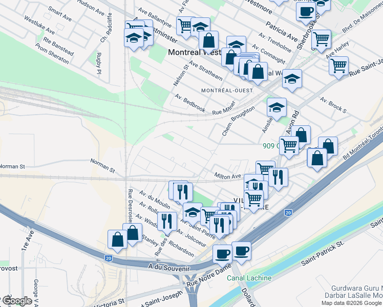 map of restaurants, bars, coffee shops, grocery stores, and more near 180 Avenue de Mount Vernon in Montrã©Al