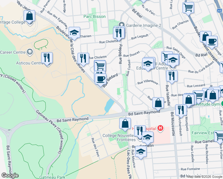 map of restaurants, bars, coffee shops, grocery stores, and more near 196 Boulevard de la Cité-des-Jeunes in Gatineau