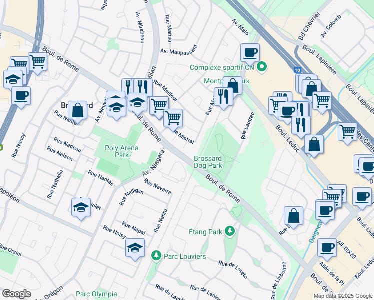 map of restaurants, bars, coffee shops, grocery stores, and more near 3324 Rue Mistral in Brossard