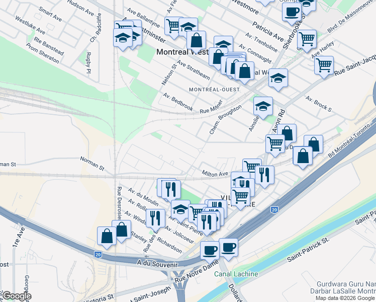 map of restaurants, bars, coffee shops, grocery stores, and more near 185 Avenue de Mount Vernon in Montrã©Al