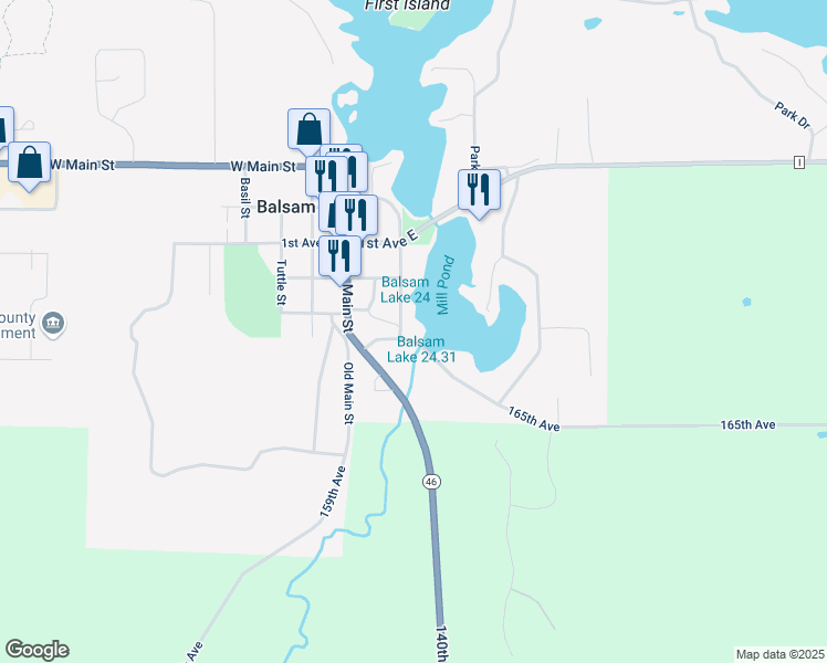 map of restaurants, bars, coffee shops, grocery stores, and more near 518 Mill Street in Balsam Lake