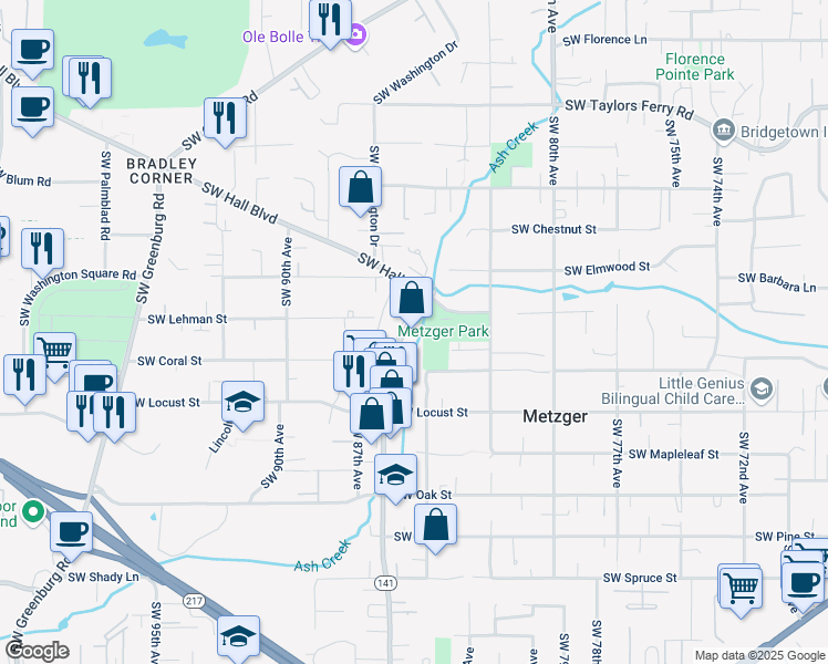 map of restaurants, bars, coffee shops, grocery stores, and more near 9910 Southwest Hall Boulevard in Portland