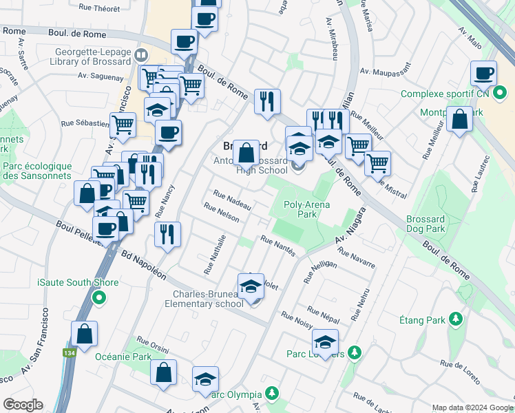 map of restaurants, bars, coffee shops, grocery stores, and more near 7939 Rue Nadeau in Brossard