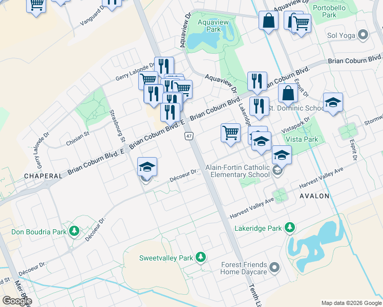 map of restaurants, bars, coffee shops, grocery stores, and more near 2376 Tenth Line Road in Ottawa