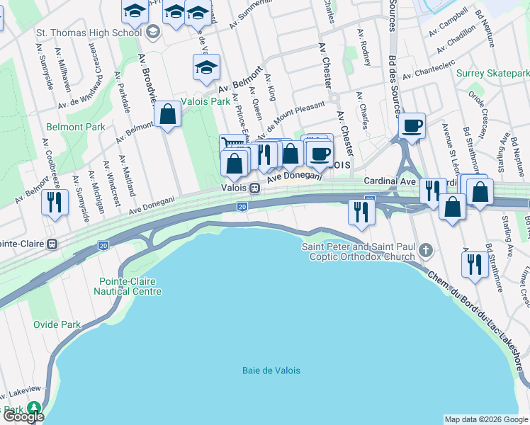 map of restaurants, bars, coffee shops, grocery stores, and more near 5 Avenue Godin in Pointe-Claire
