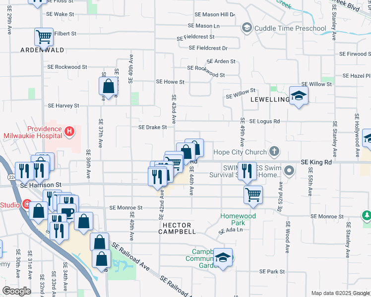 map of restaurants, bars, coffee shops, grocery stores, and more near 4335 Southeast King Road in Milwaukie