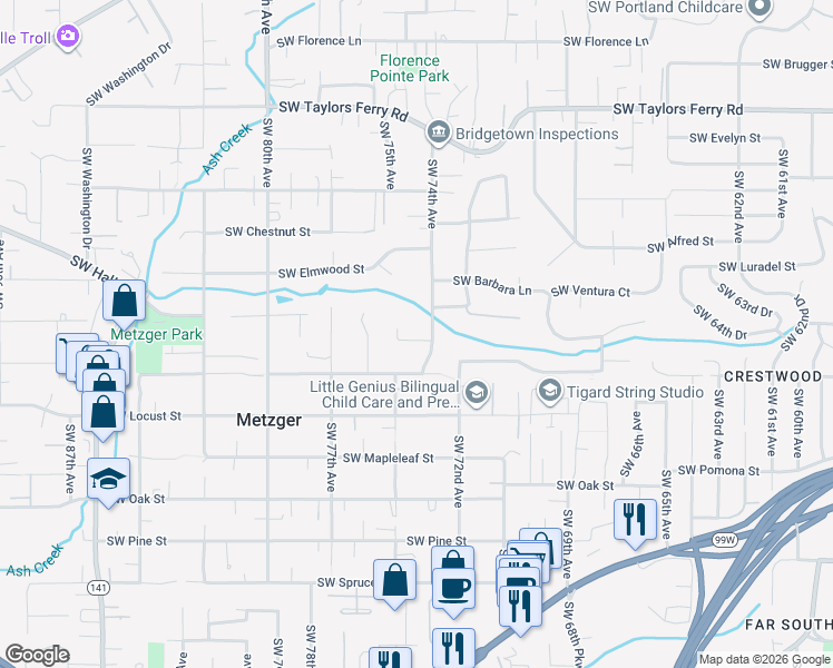map of restaurants, bars, coffee shops, grocery stores, and more near 7502 Southwest Red Cedar Way in Tigard