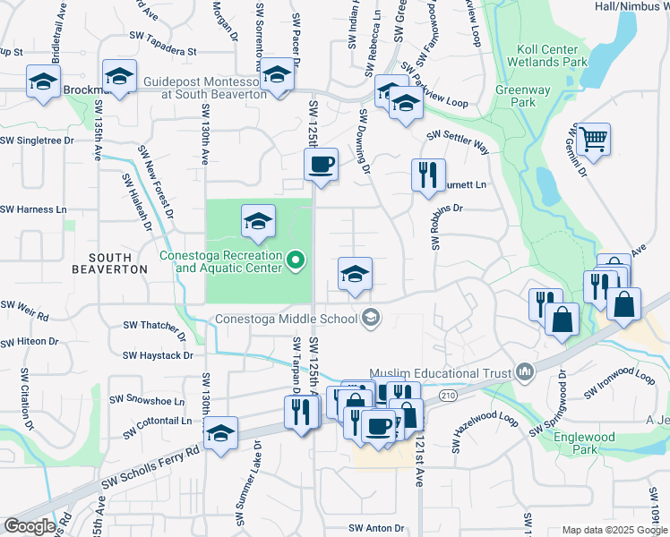 map of restaurants, bars, coffee shops, grocery stores, and more near 12475 Southwest Conestoga Drive in Beaverton
