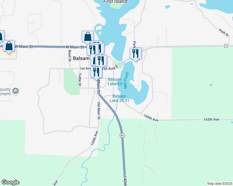 map of restaurants, bars, coffee shops, grocery stores, and more near 518 Mill Street in Balsam Lake