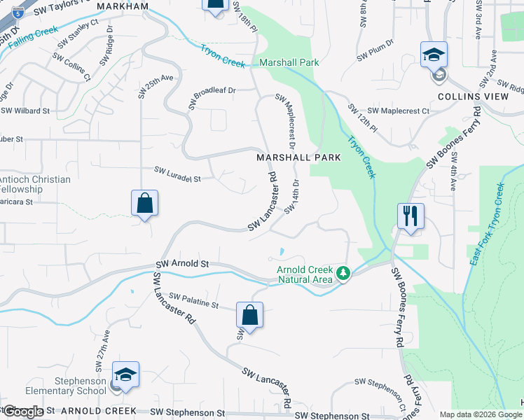map of restaurants, bars, coffee shops, grocery stores, and more near 10555 Southwest Lancaster Road in Portland