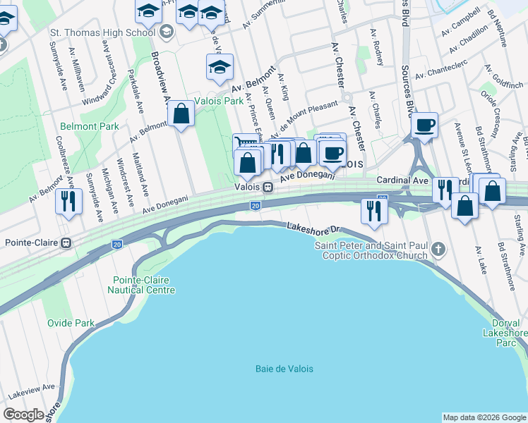 map of restaurants, bars, coffee shops, grocery stores, and more near 7 Avenue de la Baie de Valois in Pointe-Claire