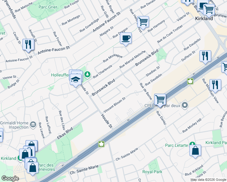 map of restaurants, bars, coffee shops, grocery stores, and more near 36 Rue Nelligan in Kirkland