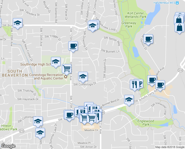 map of restaurants, bars, coffee shops, grocery stores, and more near 12150 Southwest Gingham Lane in Beaverton