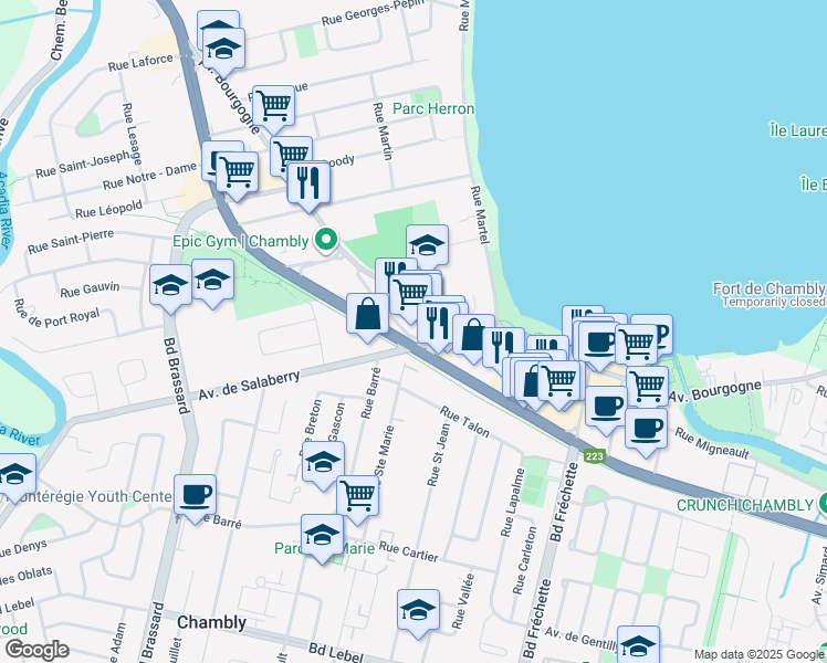 map of restaurants, bars, coffee shops, grocery stores, and more near 725 Avenue de Salaberry in Chambly