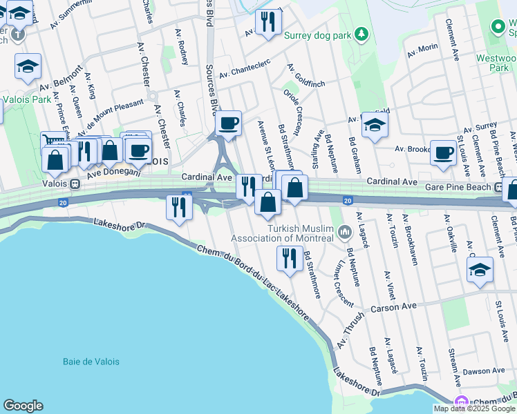 map of restaurants, bars, coffee shops, grocery stores, and more near 2400 Chemin Herron in Dorval