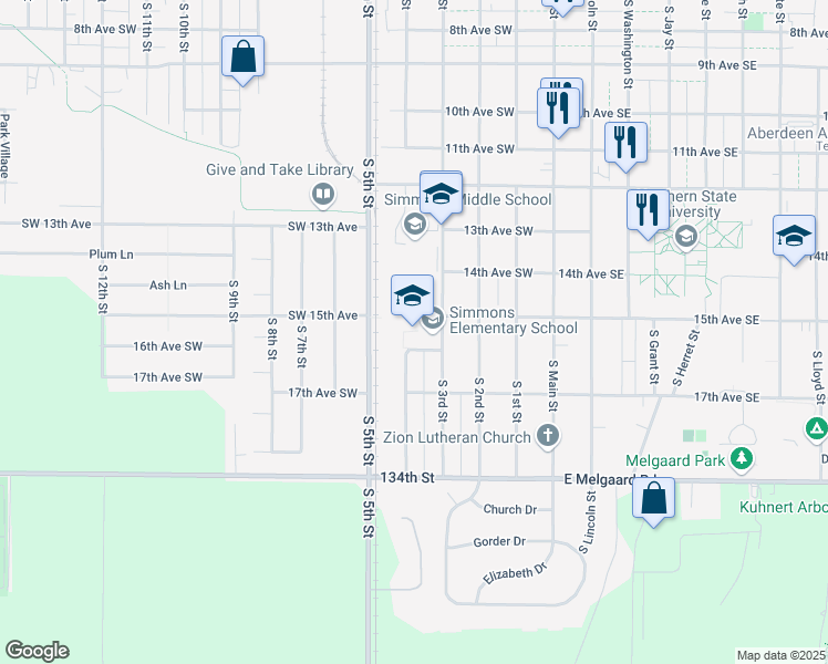 map of restaurants, bars, coffee shops, grocery stores, and more near 1500 South 3rd Street in Aberdeen