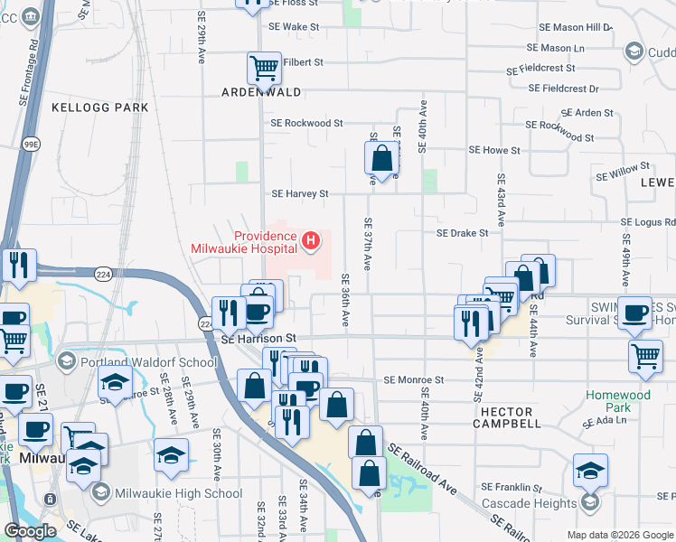 map of restaurants, bars, coffee shops, grocery stores, and more near 10287 Southeast 36th Avenue in Milwaukie