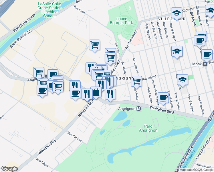 map of restaurants, bars, coffee shops, grocery stores, and more near 6900 Newman Boulevard in Montreal