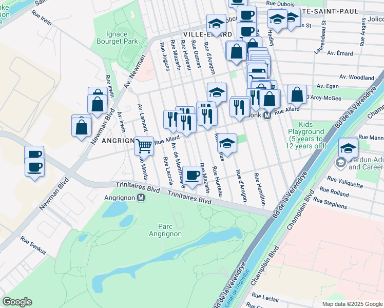 map of restaurants, bars, coffee shops, grocery stores, and more near 6886 Rue Jogues in Montréal