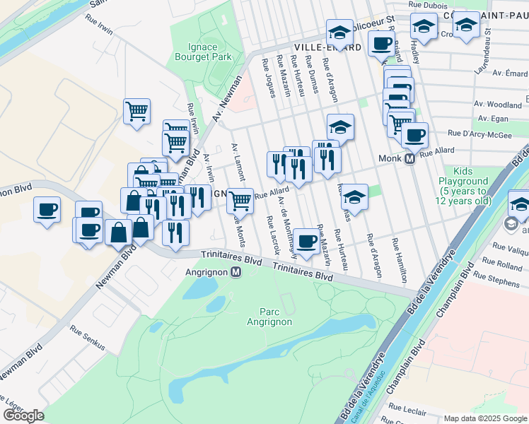 map of restaurants, bars, coffee shops, grocery stores, and more near 6855 Rue Lacroix in Montrã©Al