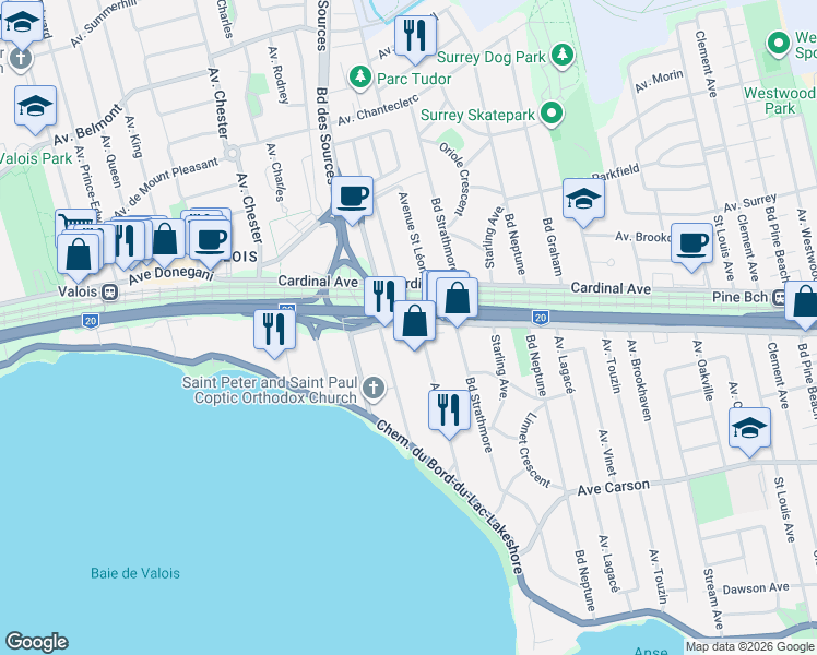 map of restaurants, bars, coffee shops, grocery stores, and more near 490 Avenue Lake in Dorval