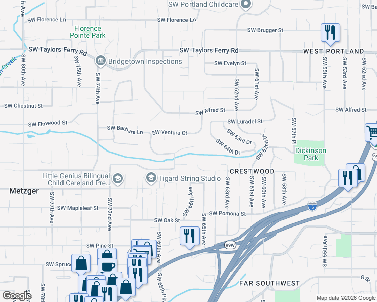 map of restaurants, bars, coffee shops, grocery stores, and more near 6630 Southwest Ventura Drive in Tigard