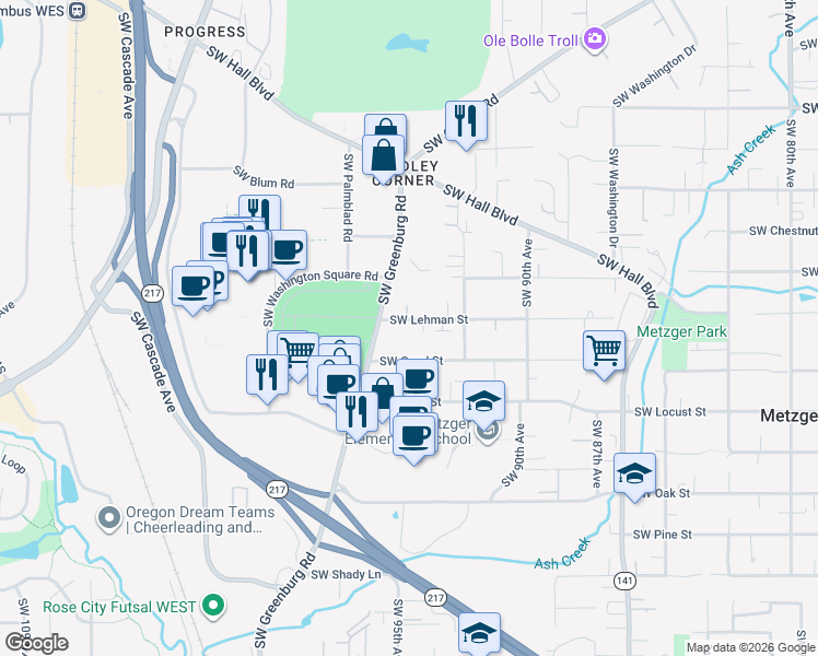 map of restaurants, bars, coffee shops, grocery stores, and more near 9450 Southwest Lehman Street in Tigard