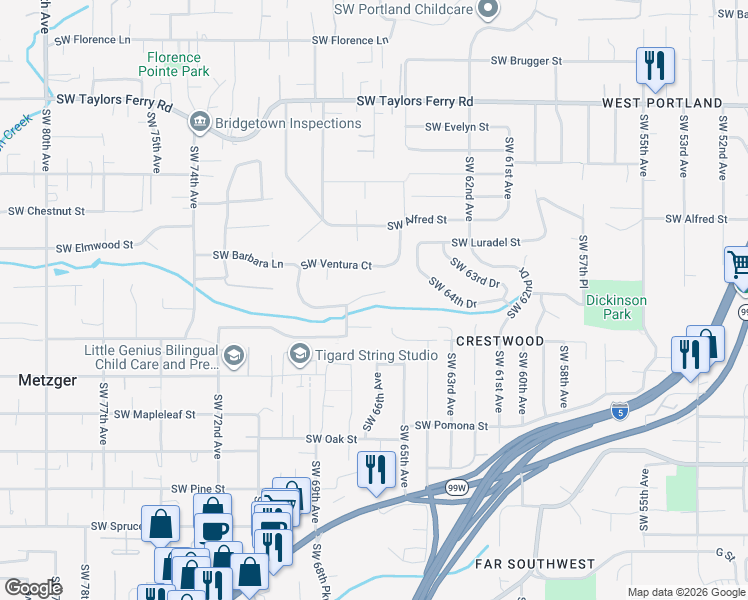 map of restaurants, bars, coffee shops, grocery stores, and more near 6630 Southwest Ventura Drive in Tigard