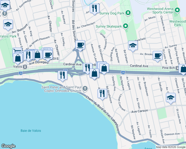 map of restaurants, bars, coffee shops, grocery stores, and more near 490 Avenue Lake in Dorval