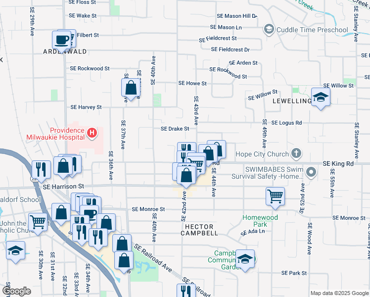 map of restaurants, bars, coffee shops, grocery stores, and more near 4215 Southeast King Road in Milwaukie