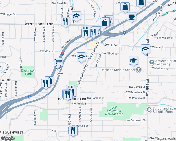map of restaurants, bars, coffee shops, grocery stores, and more near 10634 Southwest Capitol Highway in Portland
