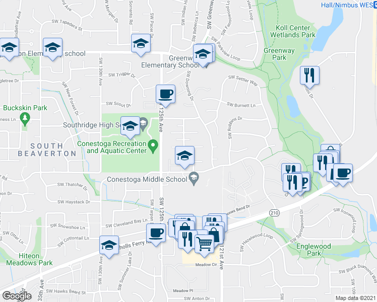 map of restaurants, bars, coffee shops, grocery stores, and more near 12325 Southwest Conestoga Drive in Beaverton
