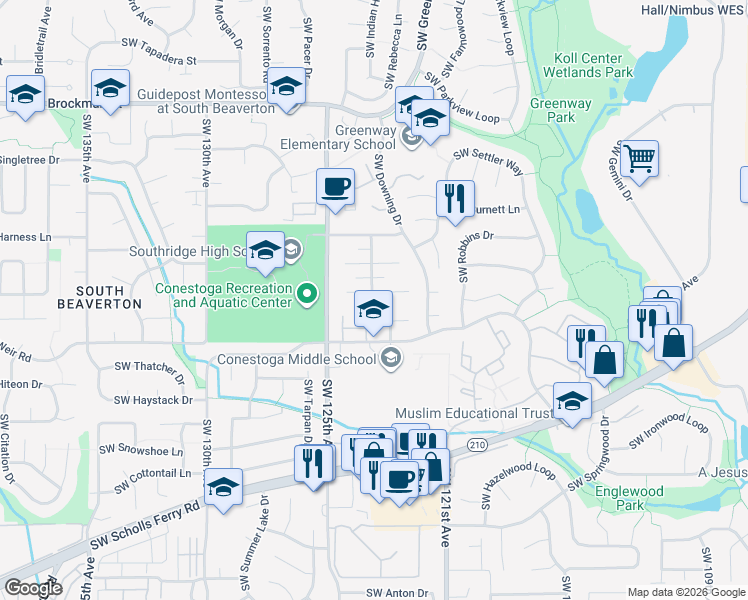 map of restaurants, bars, coffee shops, grocery stores, and more near 12325 Southwest Conestoga Drive in Beaverton
