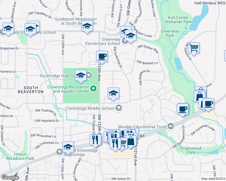 map of restaurants, bars, coffee shops, grocery stores, and more near 12325 Southwest Conestoga Drive in Beaverton