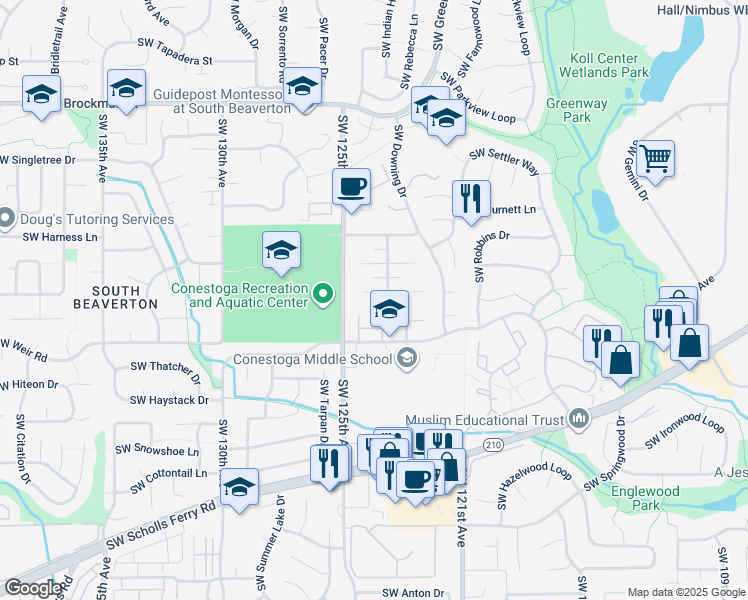 map of restaurants, bars, coffee shops, grocery stores, and more near 12325 Southwest Conestoga Drive in Beaverton