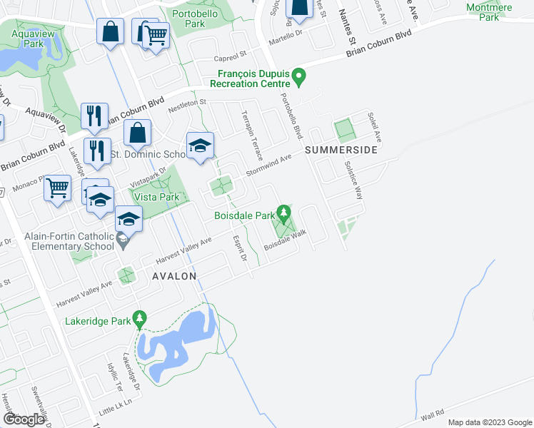 map of restaurants, bars, coffee shops, grocery stores, and more near Ashenvale Way in Ottawa