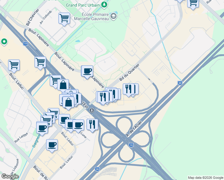map of restaurants, bars, coffee shops, grocery stores, and more near 5905 Boulevard du Quartier in Brossard