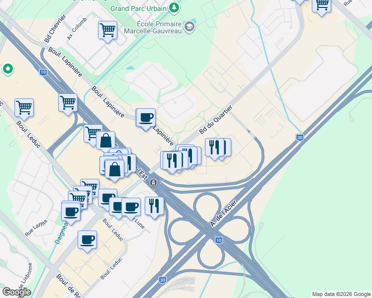 map of restaurants, bars, coffee shops, grocery stores, and more near 5905 Boulevard du Quartier in Brossard