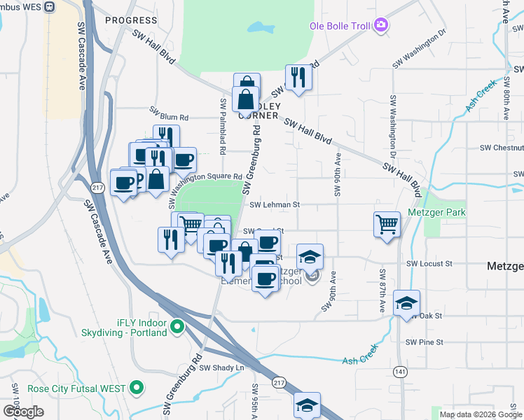 map of restaurants, bars, coffee shops, grocery stores, and more near 9450 Southwest Lehman Street in Tigard