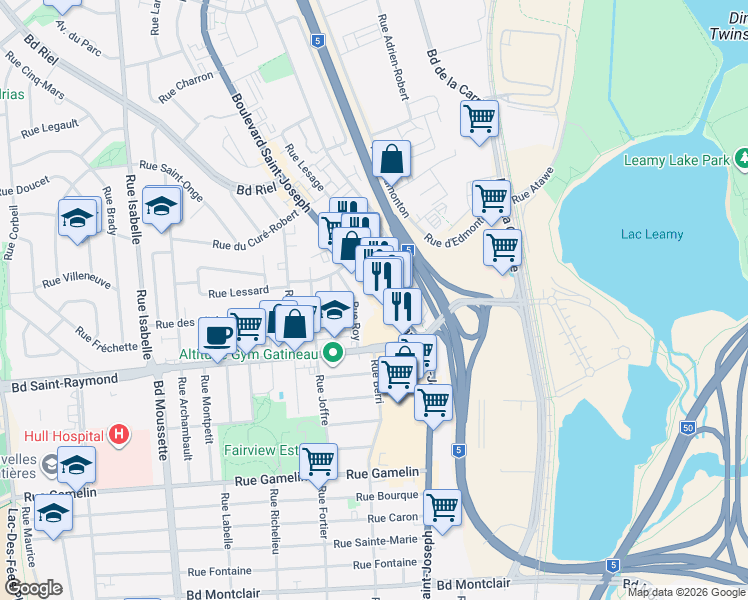 map of restaurants, bars, coffee shops, grocery stores, and more near 541 Boulevard Saint-Joseph in Gatineau