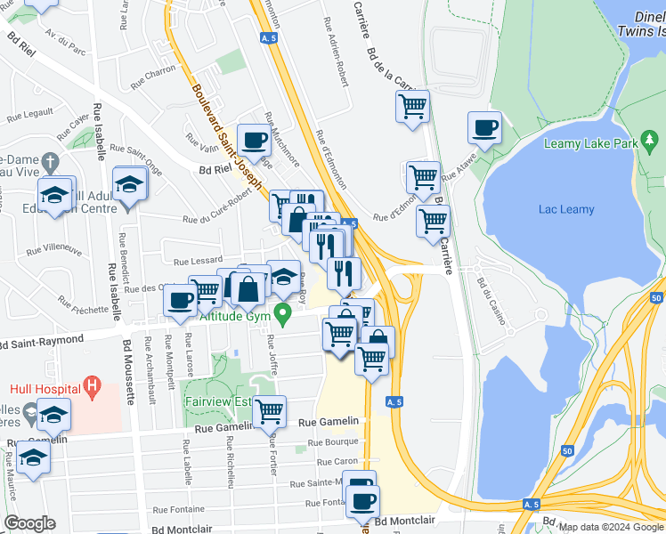 map of restaurants, bars, coffee shops, grocery stores, and more near 534 Boulevard Saint-Joseph in Gatineau