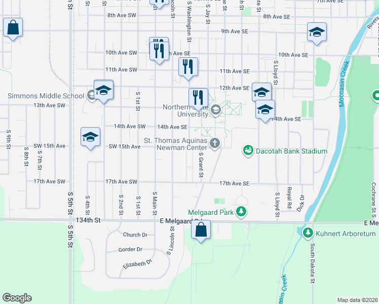 map of restaurants, bars, coffee shops, grocery stores, and more near 116 15th Avenue Southeast in Aberdeen