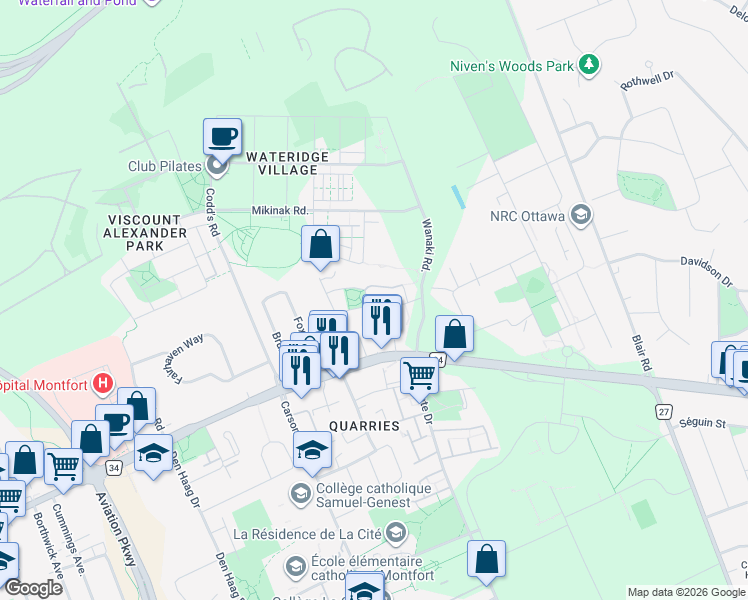map of restaurants, bars, coffee shops, grocery stores, and more near in Ottawa