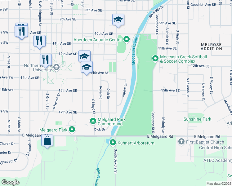 map of restaurants, bars, coffee shops, grocery stores, and more near 1512 Dakota Street in Aberdeen