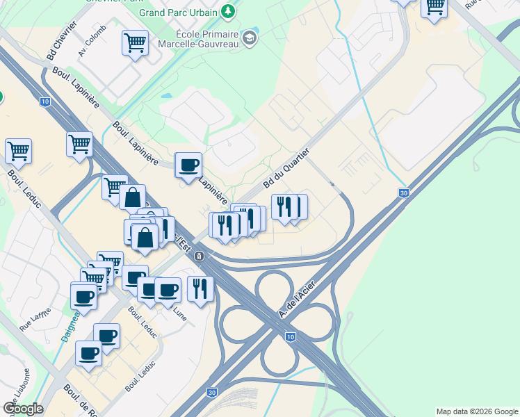 map of restaurants, bars, coffee shops, grocery stores, and more near 700 Rue des Éclaircies in Brossard