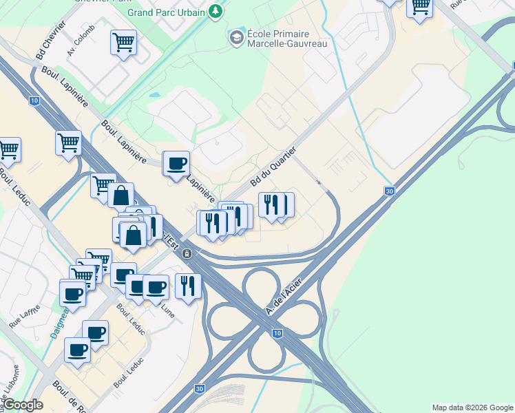 map of restaurants, bars, coffee shops, grocery stores, and more near 700 Rue des Éclaircies in Brossard