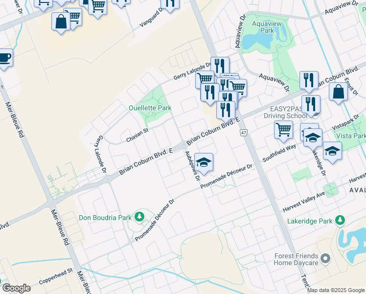 map of restaurants, bars, coffee shops, grocery stores, and more near Brian Coburn Boulevard in Ottawa